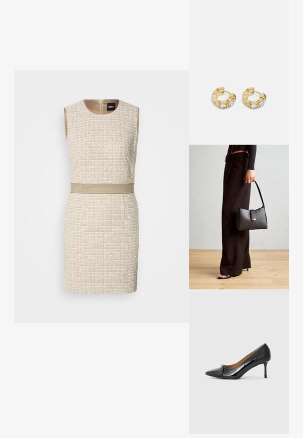 Vestido bege tecido com um padrão texturizado, design sem mangas, decote redondo e um cinto combinante na cintura. Fecho com zíper nas costas.; Sapato de salto alto em couro laqueado preto com bico fino, detalhe de tira decorativa na parte da frente e um salto agulha fino.; Bolsa preta com forma estruturada, textura suave e um fecho metálico. Combinada com calças largas pretas e sandálias de salto aberto sobre um chão de madeira.; Brincos de argola dourados com um design texturizado e três cristais transparentes em um lado, oferecendo uma estética geométrica moderna.