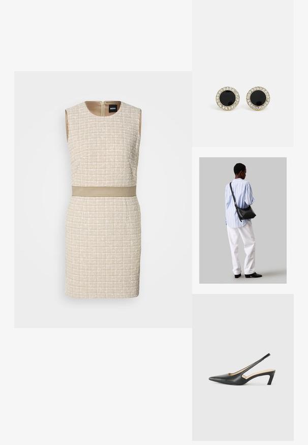 Tkaný béžový šaty s textúrovaným vzorom, bez rukávov, okrúhlym výstrihom a zodpovedajúcim opaskom v oblasti pásu. Zapínanie na zips v zadnej časti.; Čierne slingback topánky s ostrou špičkou a nízkym opätkom, vyrobené z hladkej kože a s výrezmi na boku pre lepšiu priedušnosť.; Čierna kožená ramenná taška so mäkkou textúrou, trojuholníkovým tvarom a nastaviteľným popruhom, skombinovaná s svetlomodrou pruhovanou košeľou a bielymi nohavicami.; DKNY INLAY STUD - Náušnice - black/gold-coloured