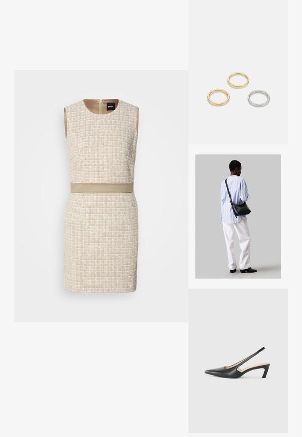 Tkaný béžový šaty s textúrovaným vzorom, bez rukávov, okrúhlym výstrihom a zodpovedajúcim opaskom v oblasti pásu. Zapínanie na zips v zadnej časti.; Čierne slingback topánky s ostrou špičkou a nízkym opätkom, vyrobené z hladkej kože a s výrezmi na boku pre lepšiu priedušnosť.; Čierna kožená ramenná taška so mäkkou textúrou, trojuholníkovým tvarom a nastaviteľným popruhom, skombinovaná s svetlomodrou pruhovanou košeľou a bielymi nohavicami.; Triumf kovových prsteňov: jeden v ružovom zlate, jeden zlatý s textúrovanými akcentmi a jeden strieborný, všetky s gravírovaným logom na vnútornej strane.