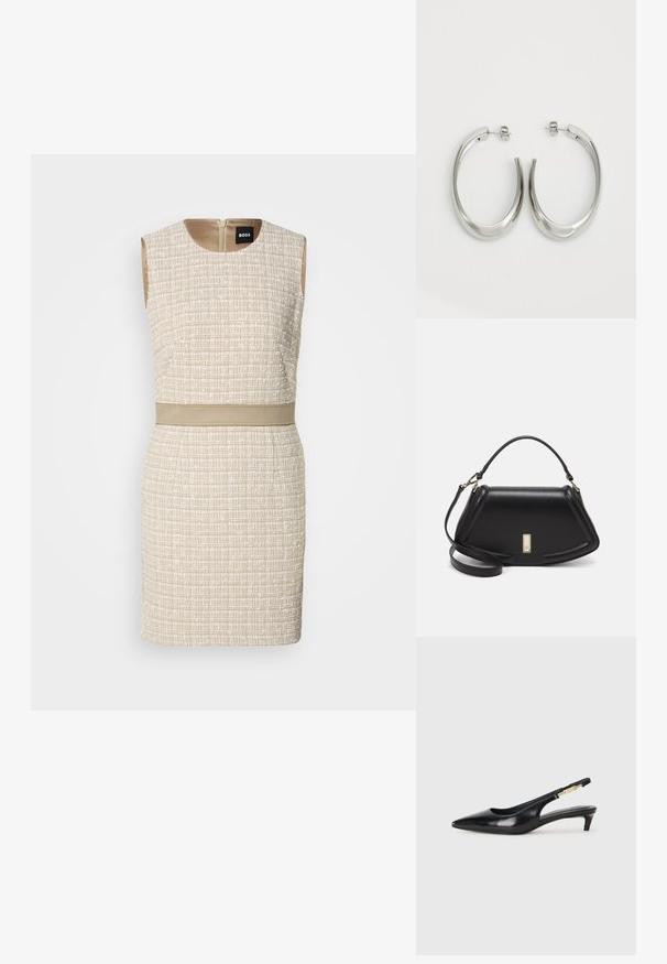 Rochie împletită bej cu un model texturat, design fără mâneci, decolteu rotund și o curea asortată la talie. Închidere cu fermoar la spate.; Sandale slingback din piele neagră cu vârf ascuțit, având un toc subțire și un accent de culoare aurie pe curea ajustabilă. Textură netedă.; Geantă de umăr din piele neagră, cu un design structurat, având o formă tăiată, mânere superioare și accente din aur. Include o curea de umăr ajustabilă.; Cercei din argint, cu un design neted și curbat. Prezintă o finisare metalică strălucitoare și închidere cu stud. Fără modele sau accente vizibile.