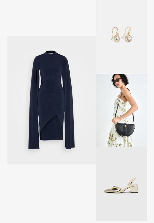 Temno modra obleka z dolgimi rokavi in visokim ovratnikom, z nabranimi detajli, z asimetričnim robom in gladkim, raztegljivim materialom.; Zlati, kovinski slingback čeveljci z ostrim nosom in masivnim peto. Gladka tekstura, minimalistična zasnova in ozka zanka.; Črna usnjena torbica s ukrivljeno obliko, z odstranljivo naramnico in zlatimi dodatki. Torbica ima pokrov s podrobnostmi v obliki zaponke.; Zlato obarvani uhani z ovalnimi prozornimi kristali, ki jih obdajajo manjši prozorni kamenčki, s sistemom za oblačenje za varno nošenje.