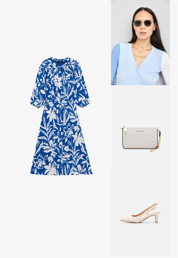 Blaues Blumenkleid mit weißen Blumenmustern, langen Ärmeln, gerafftem Rundhalsausschnitt und elastischem Bund. Glattes Material mit lässiger Passform.; Weiße Slingback-Absätze mit spitzer Zehenpartie, glattem Obermaterial, niedrigem Blockabsatz und seitlichem Ausschnitt-Design mit verstellbarem Schnallenriemen.; Runde Sonnenbrillen mit dunklen Gläsern und goldenen Rahmen. Das Modell trägt eine hellblaue, gerippte Strickjacke mit Knöpfen und weißen Kontrastärmeln.; Michael Kors Clutch in beige beschichtetem Canvas mit einem wiederholten MK-Logo-Muster, goldfarbener hardware und einem abnehmbaren Kettenriemen.