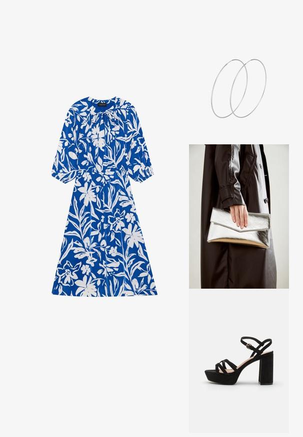 Blaues Blumenkleid mit weißen Blumenmustern, langen Ärmeln, gerafftem Rundhalsausschnitt und elastischem Bund. Glattes Material mit lässiger Passform.; Schwarze Wildleder-Platform-Sandalen mit einem Blockabsatz, ausgestattet mit überkreuzten Riemen und einem verstellbaren Knöchelriemen für einen sicheren Sitz.; Silberner metallischer Clutch mit einem eckigen Umschlagdesign, glatter Textur und kontrastierender Innenfarbe, gehalten in einer Hand, die einen schwarzen Mantel trägt.; Silberne Creolen mit minimalistischem Design. Rundform, glatte Oberfläche und dünnes Profil. Leichtgewichtig mit hochglänzender Oberfläche.