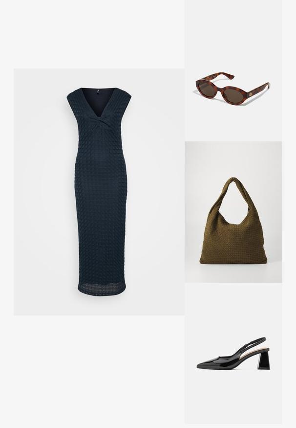 Šaty po kolena, tmavě modré, s texturou, se lodičkovým výstřihem a rukávy na ramínka. Obsahují zkroucený detail na přední straně a rovný lem.; Černé lakované lodičky na podpatku se špičatou špičkou, které mají jedinečný geometrický blokový podpatek a hladkou strukturu. Nastavitelný pásek pro podporu.; Kočičí sluneční brýle s kulatými rámy, tmavými skly a zlatým logem na stranách. Hladký plastový materiál, bez viditelných vzorů.; Tkaná kabelka v olivové zelené barvě s prostorným, kulatým tvarem a jedním dlouhým uchem pro nošení. Texturovaný povrch.