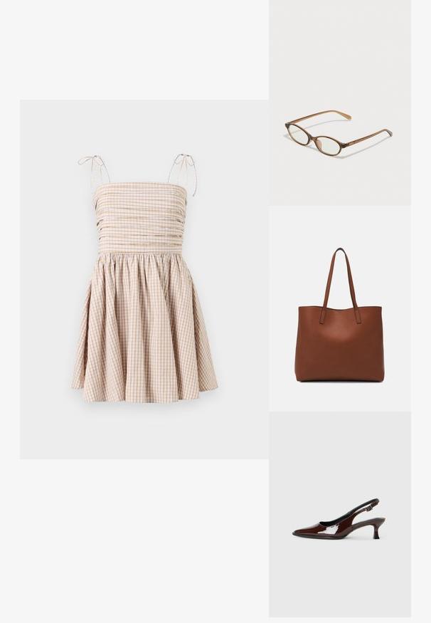 Haljina s gingham kariranim uzorkom u bež i bijeloj boji, s nabrano tijelo, podesivim trakama na vezanje i raširenom suknjom.; Smeđe patentne kožne cipele s otvorenom petom, špicastim vrhom i umjerenom petom. Imaju remen s kopčom za sigurno pristajanje. Glatka tekstura.; Smeđe skupe naočale s ovalnim lećama, tankim drškama i prozirnim akcentima. Ima suptilan logo na sljepoočnici. Elegantan, lagan dizajn.; Smeđa kožna torba preko ramena s glatkom teksturom, otvorenim vrhom i dvjema naramenicama. Ima minimalne šavove i nema vidljivog hardvera.