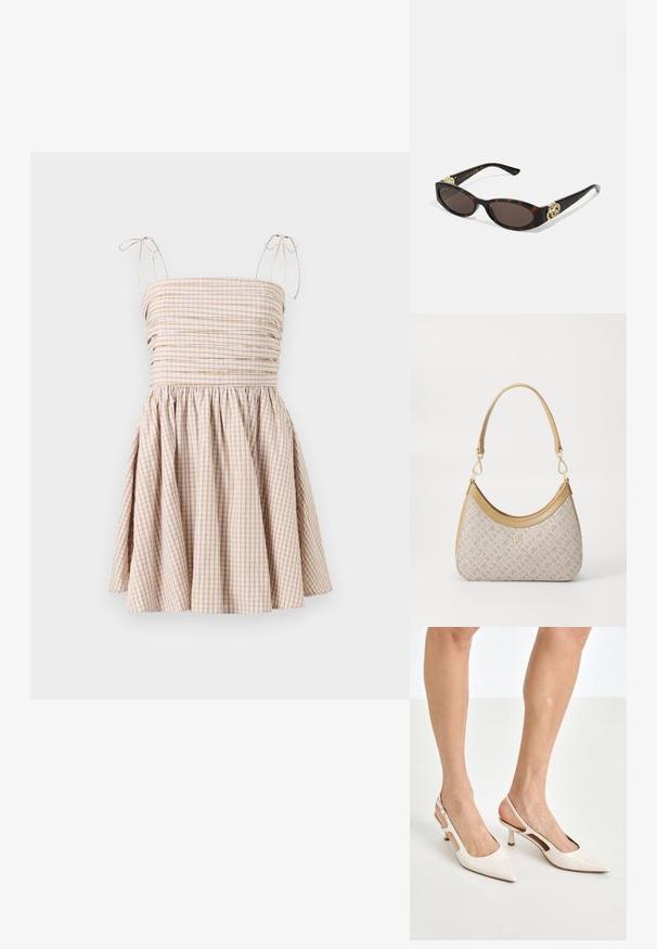 Vestido de cuadros vichy en beige y blanco, con un corsé fruncido, tirantes ajustables y una falda acampanada.; Tacones slingback de charol beige con punta afilada y un tacón de 5 cm, con lados recortados y una delgada correa en el tobillo.; Gafas de sol carey con lentes ovalados alargados, tintado marrón, acentos de logo dorado en las patillas y brazos negros elegantes.; Bolso de mano beige con un patrón y forma curva, acentos de cuero y un logo tono dorado en la parte frontal. Cuenta con un asa corta para un fácil transporte.; Collar de perlas y cristales con un diseño redondo y abalorado en tonos suaves, que presenta perlas alternadas y acentos brillantes, llevado alrededor del cuello.