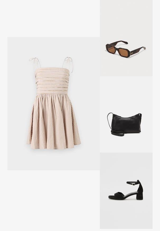 Beige un balta svītrainā kleita ar sietu krūšu daļu, regulējamiem sieta plecu stieņiem un kuplu svārku.; Melni zamša augstpapēžu sandeļi ar šauru potītes siksniņu, atvērtu purngalu un pieticīgu bloku papēdi. Gluda tekstūra un minimāli akcenti.; Čūsku bruņurupuču saulesbrilles ar sešstūrainu rāmīti, brūniem stikliem un zelta 'QUAY' logotipu uz kājas. Gluda tekstūra, izturīgs dizains.; Melna ādas plecu soma ar gludu tekstūru, izliekta forma, regulējama siksna un rāvējslēdzēja aizdare. Minimālistisks dizains bez rotājumiem.