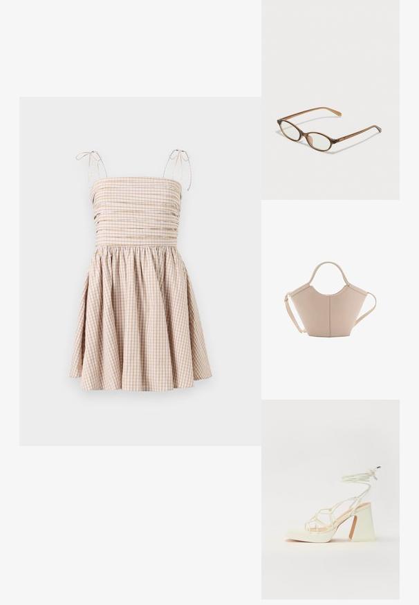 Gingham check dress in beige and white, with a smocked bodice, adjustable tie straps, and a flared skirt.; White high-heeled sandal with a chunky heel, featuring a strappy design and ankle tie. Smooth texture with a platform front for added height.; Brown tortoiseshell glasses with oval lenses, thin arms, and transparent accents. Features a subtle logo on the temple. Sleek, lightweight design.; Beige leather handbag with a unique shape, featuring two short handles and a long adjustable strap. Smooth texture with minimal hardware.