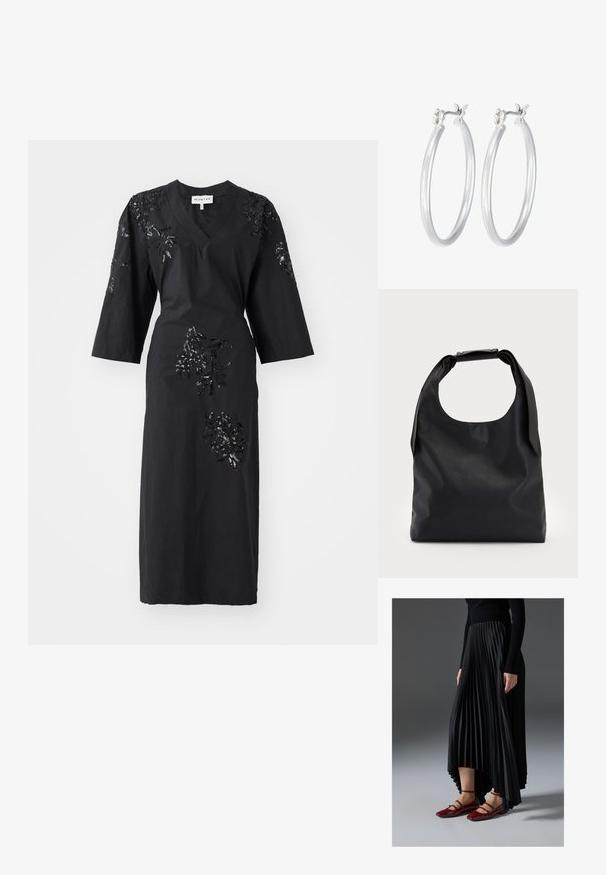 MUNTHE SYRUS - Robe de soirée - black; Jupe plissée noire avec un ourlet asymétrique, associée à des ballerines rouges brillantes avec un design à bandoulière. Le tissu a une texture lisse.; Sac à main en cuir noir avec une grande ouverture sur le dessus et une seule bandoulière. Texture douce, design minimaliste, avec des accents métalliques discrets.; Boucles d'oreilles en argent avec une finition lisse et polie. Forme ronde et fermeture à clip sécurisée. Design léger adapté pour un port quotidien.