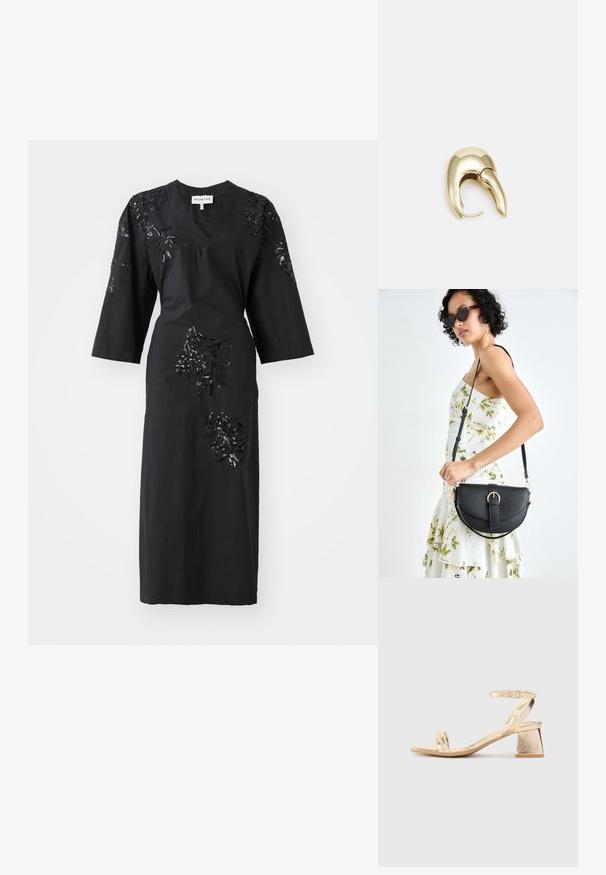 MUNTHE SYRUS - Koktel haljina / svečana haljina - black; Zlatne metalne sandale na petu s kutnim blok petom, dva remenska traka preko stopala i podesivim remenom oko gležnja. Glatka tekstura.; Crna kožna torba s lukovitim oblikom, odvojivim remenom i zlatnim detaljima. Torba ima preklop s kopčom.; Zlatne metalne naušnice s elegantnim, zakrivljenim dizajnom. Imaju karakterističan šiljast oblik, poliranu površinu i zatvaranje na šarku.