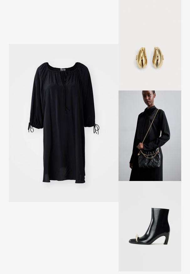 Musta, polvimittainen mekko, jossa on avara pääntie, nauhakiinnitys ja puffihihat, joissa on solkiyksityiskohdat hihansuissa. Sujuva kankaan pinta.; Mustat nilkkurit, jotka on valmistettu kiiltävästä nahasta, ja joissa on terävä kärki sekä koristeellinen kultainen ja hopeinen aksentti edessä. Laiton korko.; Mustakvadratisti nahkakäsine, jossa on kerätty yläosa, kultaketjuolkaimet ja suorakaiteen muotoinen rakenne, pidettyä yksinkertaista taustaa vasten.; Korvatekniikalla muotoillut kultasävytteiset korvakorut. Jokaisessa korvakorussa on sileäpintainen pinta ja pieni lukko, jossa on koristeellinen yksityiskohta.