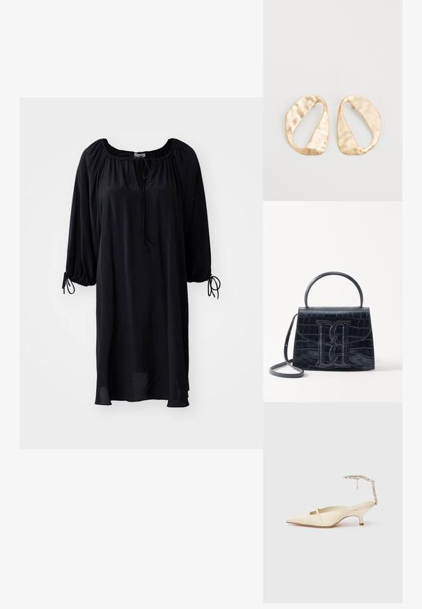 Vestido preto até ao joelho com decote arredondado, fecho com cordão e mangas bufantes com detalhes em atar nos punhos. Textura do tecido suave.; Salto slingback de bico fino em creme, com faixa frontal fina e correia com joias no tornozelo, em fundo branco.; Bolsa de pele preta com estampa de crocodilo, de design estruturado, com alça de mão, correia ajustável e um detalhe de logotipo em destaque na frente.; Par de brincos irregulares em forma oval, feitos de metal dourado, com uma superfície texturizada e ligeiramente martelada, sobre um fundo branco.