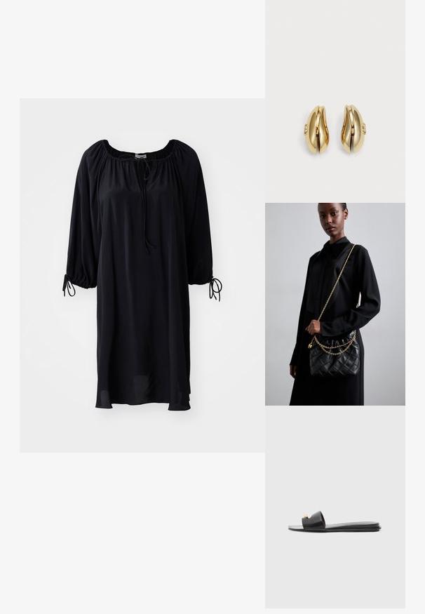 Vestido preto até ao joelho com decote arredondado, fecho com cordão e mangas bufantes com detalhes em atar nos punhos. Textura do tecido suave.; Chinelas pretas com um superior largo, textura de couro suave, design de bico aberto e detalhe em dourado na alça. Sola plana.; Bolsa de mão preta de couro acolchoado com uma parte superior franzida, alça de corrente dourada e forma retangular, sustentada contra um fundo liso.; Brincos em tom de ouro com um design fluido e curvado. Cada brinco apresenta uma superfície lisa e um pequeno fecho com um detalhe decorativo.
