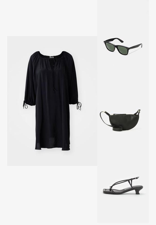 Čierne šaty po kolená s výstrihom do tvaru lode, sťahovaním na šnúrku a nadýchanými rukávmi s viazaním na manžetách. Hladká textúra látky.; Čierne kožené sandále s tenkými remienkami, nízkym blokovým opätkom a štvorcovou špičkou. Majú pracku na uzatvorenie a hladký povrch.; Čierne plastové slnečné okuliare so zelenými šošovkami, štvorcové rámy, strieborný akcent na obočí a textúrované ramenné opierky. Brand uvedený na vnútornej strane ramien.; Čierna kožená crossbody taška v tvare polmesiaca, s textúrovaným povrchom, zlatým zipsom a plochým popruhom. Kompaktný dizajn vhodný pre nevyhnutnosti.