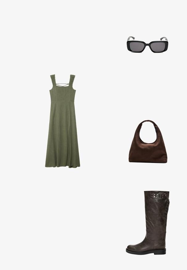 Abito maxi senza maniche verde oliva con spalline arricciate testurizzate e scollatura quadrata; presenta uno spacco laterale per facilitare i movimenti.; Stivale in pelle marrone fino al ginocchio con una finitura texturizzata, dotato di una fibbia e di dettagli a scatto laterali, e una suola di gomma piatta.; Occhiali da sole neri rettangolari con lenti scure, montatura in plastica liscia e tempie curve. Il design è voluminoso con un'estetica minimalista.; Borsa hobo di un morbido marrone con una sola tracolla larga e un'apertura a manico curvo, esposta su uno sfondo bianco.