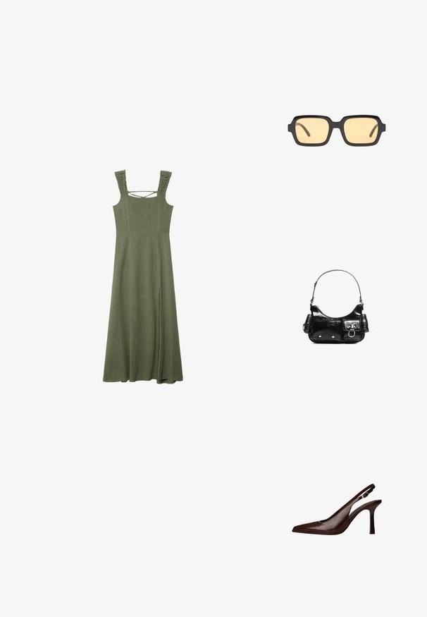 Olive green, sleeveless maxi dress with textured ruffled straps and a square neckline; features a side slit for ease of movement.; Brown leather slingback pump with a pointed toe and a thin heel. Features a small accent buckle on the strap and a glossy finish.; Black rectangular sunglasses with yellow lenses, lightweight frame, and distinctive blunt edges on the temples. Smooth, glossy finish.; Black patent leather handbag with a curved shape, one shoulder strap, front pockets, and silver-tone hardware accents.