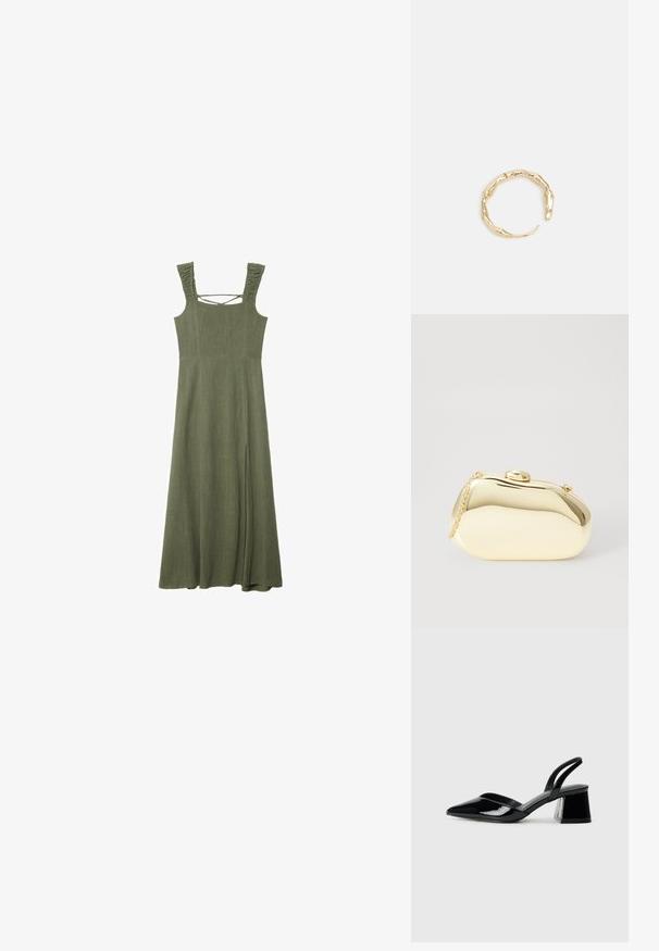 Olivengrøn, ærmeløs maxi-kjole med teksturerede volangstropper og firkantet udskæring; har en sidesplit for nem bevægelse.; Sorte patentlæder slingback hæle med spids tå og en geometrisk blok hæl. Har et elegant, minimalistisk design og en glat tekstur.; Metallic guld clutch med en glat, rund form, udstyret med en topknap-lås og et lille kædehåndtag til bæring.; Guld-tone ring med et organisk, snoet design, glat overflade og affasede ender, hvilket skaber et moderne, skulpturelt udseende.