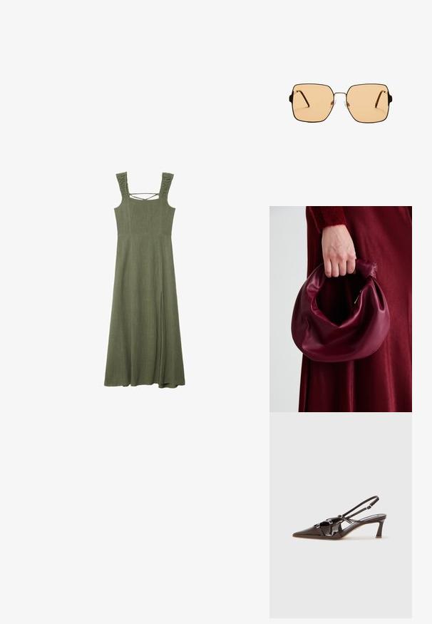 Olivovo zelené, bez rukávov maxi šaty s textúrovanými volánovými ramienkami a štvorcovým výstrihom; obsahujú bočný rozparok pre lepší pohyb.; Hnedé lakované kožené lodičky na podpätku s špicatou špičkou, nastaviteľné popruhy a dekoratívne spony na prednej strane. Výška podpätku 3 palce.; Štvorcové slnečné okuliare s hnedými sklami a tenkým čiernym kovovým rámom. Vlastnosti zahŕňajú šikmé ramienka a nastaviteľné nosové podložky pre väčšie pohodlie.; Burgundská kožená kabelka s mäkkým, zhromaždeným dizajnom a zaobleným tvarom. Rukoväť je pevne zaisťujúca a vystavuje hladkú textúru.