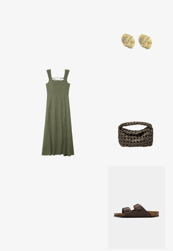 Olivgrön, ärmlös maxiklänning med texturerade volangaxlar och fyrkantig halsringning; har en sidsspringa för ökad rörelsefrihet.; Bruna, platta slidesandaler med två justerbara remmar. Tillverkad av ett slätt material, med en korkfotbädd och en texturerad gummisula.; Vävd handväska i mörk olivgrön läder, med ett runt handtag och mjuk, texturerad yta i hobo-stil.; Guldtonade örhängen med en spiraldesign och lager av kurvor, som visar en metallisk finish och slät textur för visuell djup.