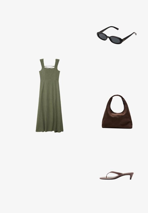 Olivgrön, ärmlös maxiklänning med texturerade volangaxlar och fyrkantig halsringning; har en sidsspringa för ökad rörelsefrihet.; Bruna klackflip-flopsandaler med en smal rem och rund tåpost, med en liten guldaccent på fotbädden.; Svarta överdimensionerade solglasögon med ovala linser, slät plastbåge och guldaccent på bågarna. Mörka linser ger solskydd.; Mjuk brun hobo-väskastil med ett brett axelband och en rundad öppning upptill, visad på en vit bakgrund.