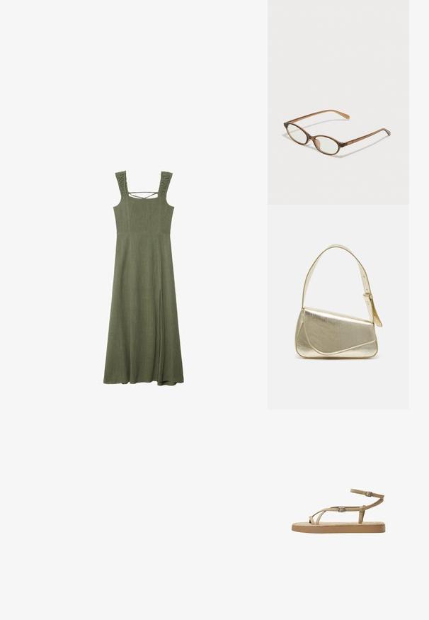 Oliwkowa, bezrękawnikowa sukienka maxi z teksturowanymi falbanami na ramiączkach i kwadratowym dekoltem; ma boczne rozcięcie dla łatwości ruchu.; Brązowe sandały z cienkimi paskami, detalami klamry i wyściełaną podeszwą. Paski wykonane są z miękkiego materiału, zaprojektowane z myślą o komforcie i wentylacji.; Brązowe okulary w motyle z owalnymi soczewkami, cienkimi ramionami i przezroczystymi akcentami. Posiadają subtelne logo na zauszniku. Smukły, lekki design.; Złota metaliczna torebka o strukturalnym designie, gładkiej powierzchni i regulowanym pasku. Charakteryzuje się unikalnym trójkątnym kształtem i minimalistycznym przeszyciem.