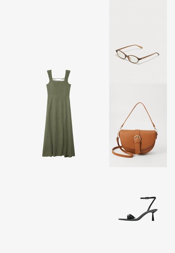 Olivgrünes, ärmelloses Maxikleid mit strukturierten Rüsche-Trägern und quadratischem Ausschnitt; verfügt über einen Seitenschlitz für Bewegungsfreiheit.; Bershka High Heel Sandalette - black; Braune Schildpatt-Brille mit ovalen Gläsern, dünnen Bügeln und transparenten Akzenten. Verfügt über ein dezentes Logo am Bügel. Elegantes, leichtes Design.; Braune Leder-Crossbody-Tasche mit geschwungener Form, goldfarbenen Beschlägen und einer Schnallenakzentuierung. Verfügt über einen abnehmbaren Schultergurt.