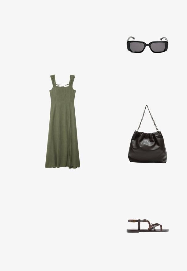 Abito maxi senza maniche verde oliva con spalline arricciate testurizzate e scollatura quadrata; presenta uno spacco laterale per facilitare i movimenti.; Sandal in pelle marrone con cinturini incrociati, chiusura con cinturino alla caviglia e suola piatta con dettagli di cucitura minimi.; Occhiali da sole neri rettangolari con lenti scure, montatura in plastica liscia e tempie curve. Il design è voluminoso con un'estetica minimalista.; Borsa in pelle marrone con parte superiore arricciata e tracolla a catena. Texture liscia con finitura lucida e dettagli di cucitura sottili sui lati.
