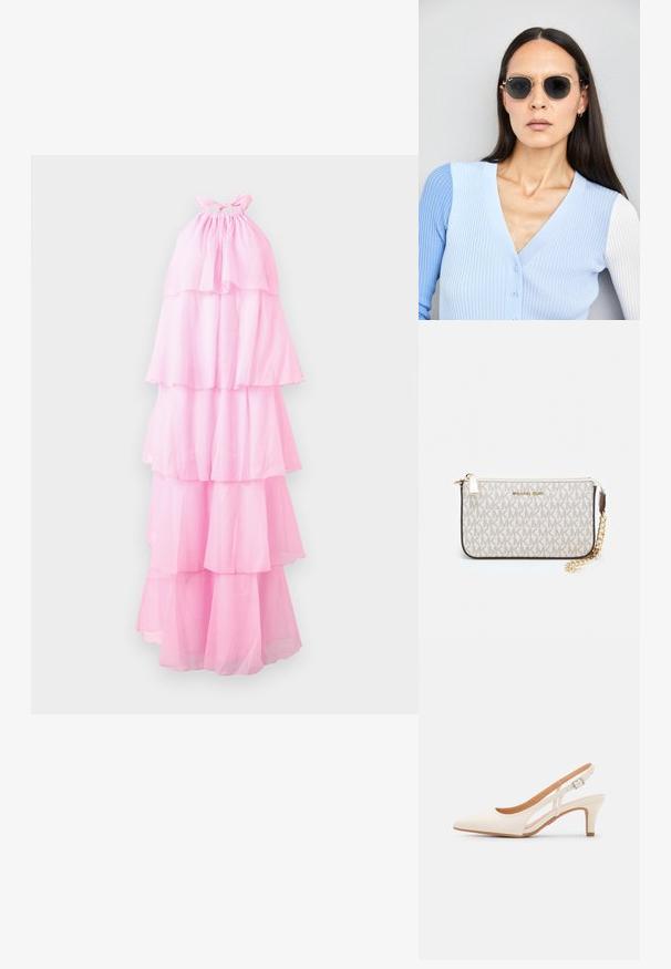 Różowa sukienka na halter z warstwami przezroczystego materiału, z marszczonym dekoltem i długą, swobodnie opadającą sylwetką.; Biała szpilka slingback z ostrym noskiem, gładkim materiałem wierzchnim, niskim obcasem blokowym oraz wycięciami po bokach i regulowanym paskiem z klamrą.; Okrągłe okulary przeciwsłoneczne z ciemnymi soczewkami i złotymi ramkami. Modelka nosi jasnoniebieski kardigan w prążki z guzikami i białymi rękawami w kontrastowym kolorze.; Portfel na nadgarstek marki Michael Kors w beżowej, pokrytej płótnem, z powtarzającym się wzorem logo MK, złotym okuciem i odpinanym łańcuszkowym paskiem.