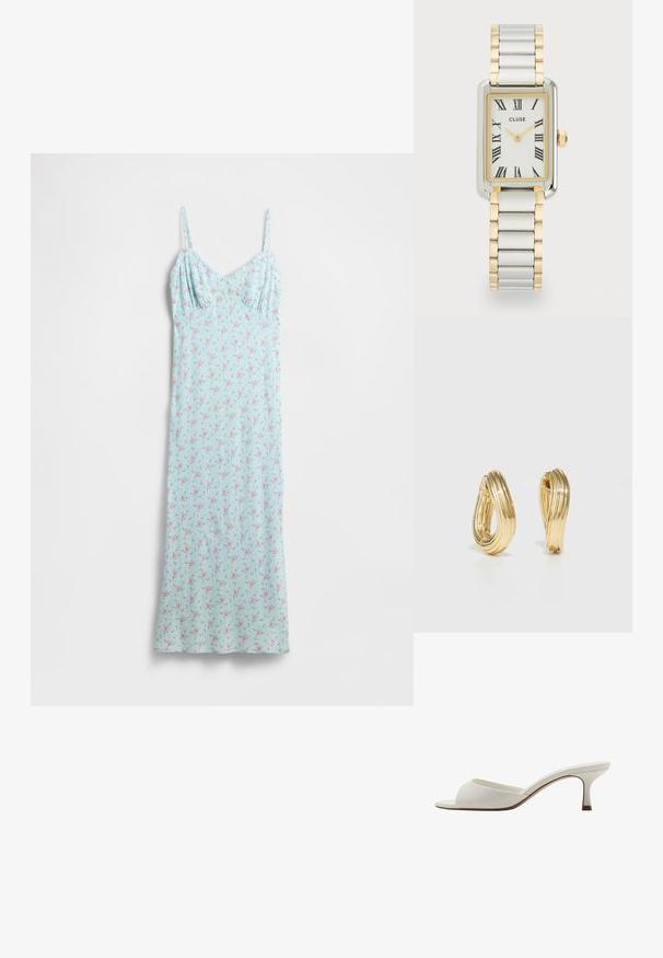 Jasnoniebieska sukienka z kwiatowym wzorem w różu i zieleni. Cienkie ramiączka typu spaghetti i dopasowany gorset przechodzący w zwiewną spódnicę. Miękka faktura tkaniny.; Białe, otwarte na palcach mule na wysokim obcasie o gładkim wykończeniu, minimalistycznym designie i smukłym obcasie, z subtelnym brązowym akcentem na podeszwie.; Cluse BELISSENA srebrny; Kolczyki w kształcie kół w kolorze złotym z kręconym wzorem, posiadające żebrowaną fakturę i gładkie wykończenie. Lekkie i puste w środku.