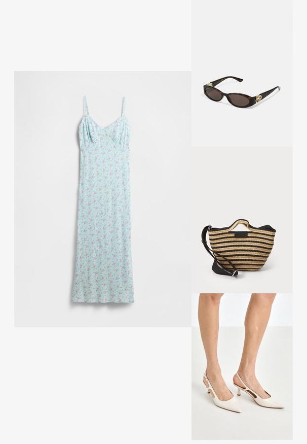 Vestido azul claro com padrão floral em rosa e verde. Alças finas e corpete justo que leva a uma saia fluida. Textura de tecido macio.; Saltos slingback de verniz bege com bico fino e salto de 5 cm, apresentando lados recortados e uma tira fina no tornozelo.; Óculos de sol de tartaruga com lentes ovais alongadas, tom castanho, acentos de logotipo dourado nas hastes e hastes pretas elegantes.; Bolsa de palha às riscas com parte superior e pega em tecido preto. Inclui uma alça destacável. Apresenta um rótulo logo escuro na parte da frente.