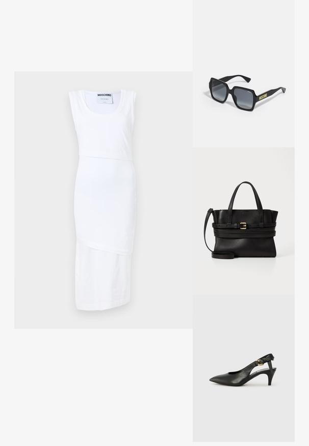 Valge Moschino kleit, millel on varrukateta disain, ümmargune kaelus ja asümmeetriline lõikejoon. Valmistatud siledast ja kergekaalusest materjalist.; Must musträkkidega must nahast slingback-kontsaking, millel on terav nina, väike konts ja pandla detail pahkluu rihmal. Sile tekstuur, minimalistlik disain.; Mustad mustad päikeseprillid hallide gradient läätsedega; sisaldab peeneid detaile ja "MOSCHINO" brändimist kollasena varre peal.; Mustmust leatherist kott, millel on struktureeritud disain, kahekordne ülemine käepide, eemaldatav rihm ja kuldne pandlaaksent horisontaalsel ribal.