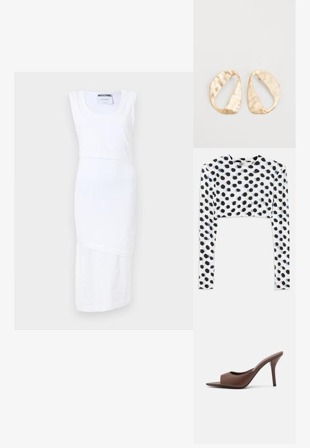 Bílá šaty Moschino s bezrukávovým designem, kulatým výstřihem a asymetrickým lemem. Vyrobeno z hladkého, lehkého materiálu.; Krátký dámský top s dlouhými rukávy z elastického bílého materiálu s černými puntíky, hladkou texturou a kulatým výstřihem.; Hnědé kožené otevřené lodičky na vysokém podpatku s elegantním designem, které mají široký přední pás a štíhlý jehlový podpatek.; Pár nepravidelných oválných náušnic z kovu pozlaceného zlatem s texturovaným, mírně kladivkovým povrchem na bílém pozadí.