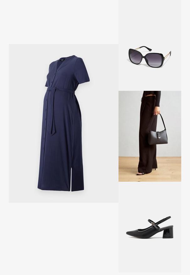 Granatowa, krótko rękawowa sukienka ciążowa z zapięciem na guziki z przodu, paskiem w talii i bocznym rozcięciem. Wykonana z miękkiego, gładkiego materiału.; Czarne lakierowane czółenka na słupku ze spiczastym noskiem, lekko zaokrąglonym wycięciem i obcasem w kształcie bloku. Posiadają złotą klamrę jako akcent dekoracyjny.; Czarne oversize okulary przeciwsłoneczne z gradientowymi soczewkami, grubymi oprawkami i złotym łańcuszkiem na ramionach.; Czarna torebka o usztywnionym kształcie, gładkiej fakturze i metalowym zapięciem. Połączona z szerokimi czarnymi spodniami i sandałami na otwartym palcu na drewnianej podłodze.