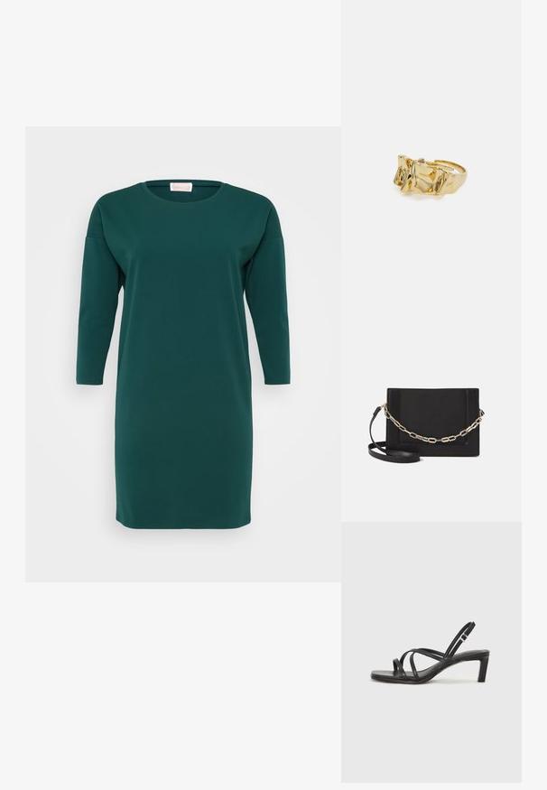 Tumed roheline, põlvepikkune kleit, mis on valmistatud pehmest kangast. Omab ümmargust kaelust ja kolmeveerandik-särki, laia lõikega ning ilma nähtavate musterita.; Mustast rihmajalatsid ruudukujulise varba ja madala ploki kontsaga. Omab mitmeid õhukesi rihmasid ja reguleeritavat pahkluu rihma. Valmistatud siledast nahast.; Mustast nahast õlakott, mis omab siledat tekstuuri, ristküliku kuju ning esiküljel metallketi detaili. Reguleeritav rihm on kaasas.; Kuldne sõrmus tekstureeritud, lainelise disainiga, millel on kolm silmapaistvat tippu. Sile, läikiv pind ja avatud riba, mis võimaldab reguleeritavat sobivust.