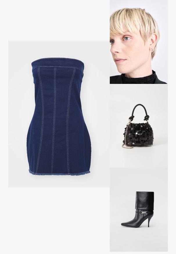 Jūras spēku zilo denim strapless kleita ar vertikālām šuvēm, plīvurotu apakšmalu un kontrastējošu balto šuvumu. Pieguļošais dizains izceļ siluetu.; Melnas ādas potīšu zābaki ar smailu purngalu, augstu stiletto papēdi, salocītu aproci un zeltītu dekoratīvu sprādzi uz potītes.; Melna spīguļota mini rokas soma ar mezglotu teksturētu siksniņu un sudraba ķēdi. Apaļa forma ar sakopotām malām un atstarojumu detaļām.; Sudraba auskari riņķa forma ar teksturētu dizainu un pērļu akcentu, valkāti kreisajā ausī, kopā ar īsu matu griezumu.