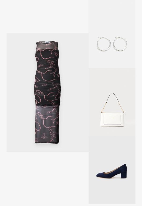 Vestido preto sem mangas com silhueta ajustada, apresentando padrões florais em rosa e linhas abstratas, sobreposição em malha e textura franzida.; Salgados de camurça azul-marinho com bico fino e um salto quadrado de altura média. Textura suave com um ligeiro brilho e um pequeno corte na parte da frente.; Bolsa de mão branca em couro com acabamento texturizado, featuring a corrente dourada e detalhes pretos. Inclui um bolso frontal e fecho com zipper.; Brincos de argola prateados com um design suave e arredondado, apresentando um perfil fino e um fecho seguro. Estilo minimalista com um acabamento polido.