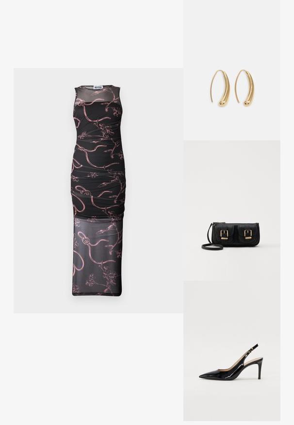 Vestido preto sem mangas com silhueta ajustada, apresentando padrões florais em rosa e linhas abstratas, sobreposição em malha e textura franzida.; Sandal com salto em verniz preto, bico fino, salto esguio e um design de recorte subtil. Apresenta uma fivela dourada na alça.; Bolsa de ombro em couro preto com dois bolsos frontais, fivelas douradas, fecho de zíper e uma alça fina. Superfície texturizada e forma retangular compacta.; Brincos em metal dourado com forma de arco alongado e curvado. Apresentam uma superfície lisa e brilhante, com uma ponta arredondada para um detalhe adicional.