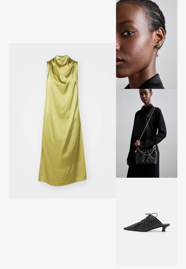 Bezramínkové šaty s kaskádovým výstřihem v živé světle zelené hedvábí, s jemnou texturou a splývavým siluetu se bočními rozparky.; Černé kožené slip-on mule s špičatou špicí, shromážděnou texturou a malým podpatkem. Vlastnosti zahrnují stahovací detail na otvoru.; Černá prošívaná kožená kabelka s staženým vrchem, zlatým řetízkovým popruhem a obdélníkovým tvarem, držena před jednoduše pozadím.; Zlaté květinové náušnice mají texturované černé střed a jemné detaily. Modelova jasná pleť a splétané vlasy jsou viditelné v profilu.