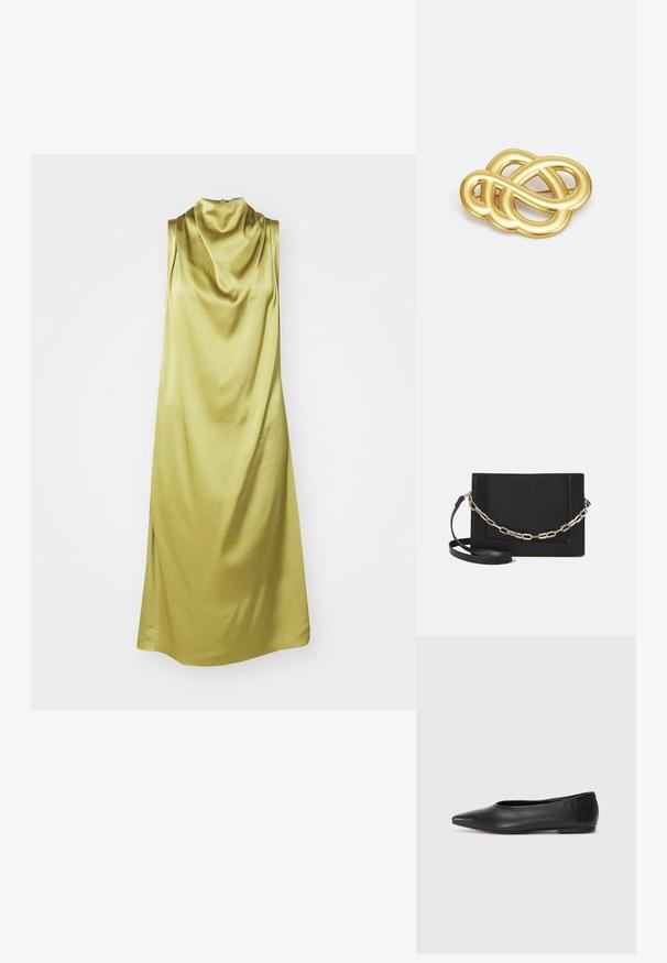 Ermeløs kjole med krage i livlig lys grønn silke, med en myk tekstur og en flytende silhuett med sidespalter.; Sorte lærballerina med spiss tå, minimalistisk design, glatt tekstur, lav hæl uten synlig metall eller dekorasjoner.; Svart lær crossbody-veske med glatt tekstur, rektangulær form og metallkjede detaljer på framsiden. Justerbar stroppe inkludert.; Gullfarget brosje med en knyttet design, glatte, buede linjer og en intrikat form, som reflekterer en polert overflate.