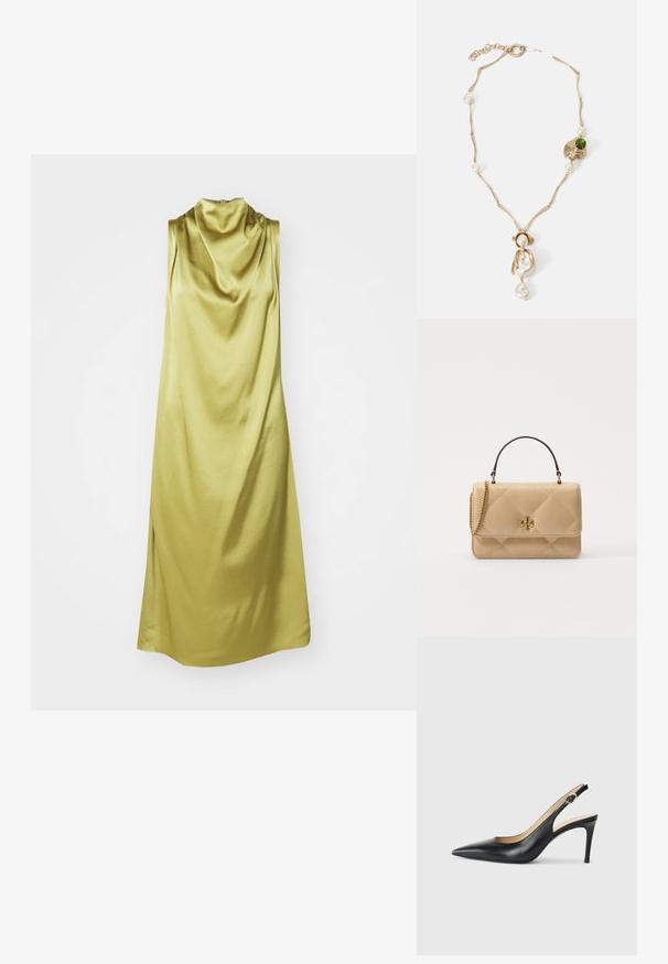 Ärmelloses Kleid mit Schalkragen aus lebhaftem, hellgrünem Seidenmaterial, das über eine weiche Textur und eine fließende Silhouette mit Seitenschlitzen verfügt.; Schwarze Leder-Slingback-High-Heels mit spitzem Zehenbereich, verstellbarem Riemen und schlankem Stiletto-Absatz, ausgestattet mit einer glatten Oberfläche.; Gepolsterte beige Lederhandtasche mit goldenen Beschlägen, Kettenriemen und einem oberen Griff. Verfügt über einen vorderen Klappdeckel und ein charakteristisches Logodetail.; Halskette in Goldton mit verdrehten Gliedern, weißen Perlen und einem grünen Steinelement. Verfügt über filigrane Details und einen Verschluss zum Schließen.