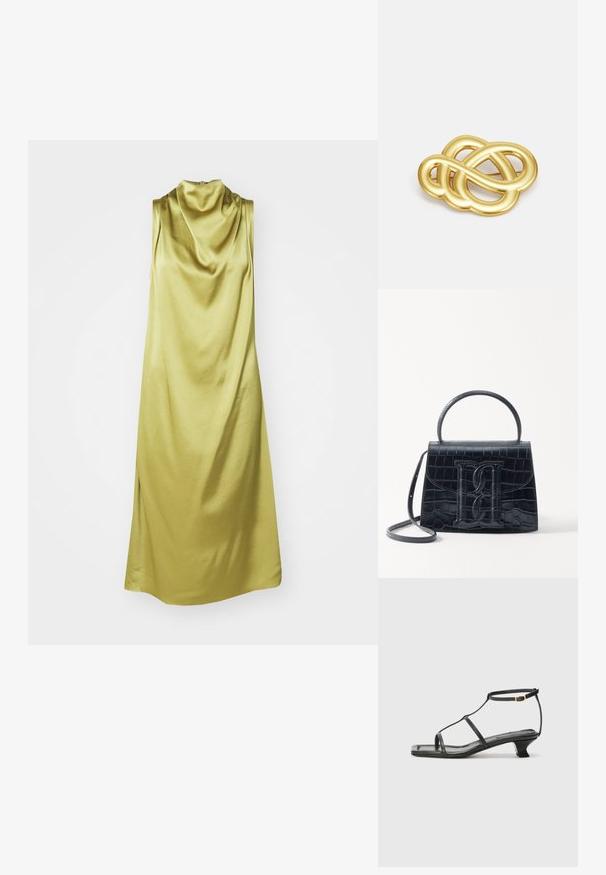 Mouwloze jurk met een kraag in levendig lichtgroen zijde, met een zachte textuur en een vloeiende silhouet met zijsplitten.; Zwarte leren sandaal met een vierkante neus, dunne banden, een verstelbare enkelriem en een lage hak. Heeft een kleine gouden accent op de band.; Zwarte handtas van krokodillleer met een gestructureerd ontwerp, bovenhandvat, verstelbare schouderband en een opvallend voorlogo.; Goudkleurige broche met een knoopontwerp, featuring gladde, gebogen lijnen en een ingewikkelde vorm, wat zorgt voor een gepolijste afwerking.