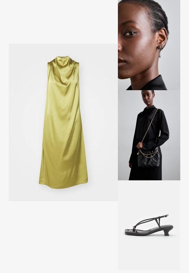 Ujj nélküli, élénk világoszöld selyem ruha, puha textúrával és folyékony sziluettel, oldalsó hasítékokkal.; Fekete bőr szandál vékony pántokkal, alacsony blokk sarkú és négyzetes orrú. Csattal záródik és sima textúrájú.; Fekete steppelt bőr kézitáska gyűrt toppal, arany lánc vállpánttal és téglalap alakú formával, egyszerű háttér előtt tartva.; A fém virágmintás fülbevalónak texturált fekete közepe és finom részletei vannak. A modellen tiszta bőre és fonott haja oldalnézetből látható.