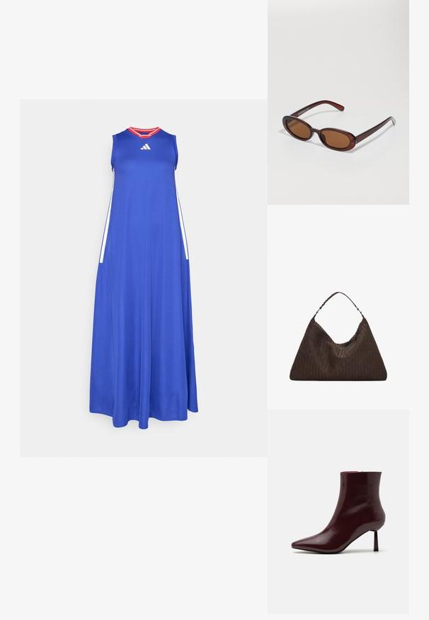 Sininen maksimekko, joka on valmistettu kevyestä kankaasta, pyöreällä pääntiellä, olkaimettomalla muotoilulla ja punaisilla yksityiskohdilla kauluksessa. Sivupinnat valkoiset.; Burgundi kiiltävä nahkainen nilkkasaapas, jossa on terävä kärki ja kapea korko, joka esitellään sileällä, kiiltävällä pinnalla ja minimalistisella suunnittelulla.; Pyöreät, ruskehtavat aurinkolasit, joissa on kiiltävä burgundinpunainen runko. Kapeat sivut, joissa on hienovarainen brändäys. Litteät linssit.; Ruskean kudottu nahkainen käsilaukku, jolla on löysä, kolmiomainen muoto. Varustettu punotulla kahvalla ja vetoketjukiinnityksellä ylhäällä.