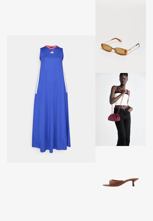 Blaues Maxikleid aus leichtem Stoff mit rundem Ausschnitt, ärmellosem Design und roten Akzenten am Kragen. Seitliche Streifen in Weiß.; Braune offene Absatzmules mit glatter, matter Oberfläche, die ein geschwungenes Design und einen transparenten, verjüngten Absatz aufweisen.; Braune Schildpatt-Sonnenbrillen mit rechteckigen Rahmen, goldenen Metallarmen und hellbraunen Gläsern. Elegantes Design, keine sichtbaren Logos.; Burgunderfarbene Handtasche aus weichem Stoff mit gerafftem Design und langem Trageriemen, quer über den Körper getragen. Das Modell trägt ein weißes Crop-Top und schwarze Jeans.