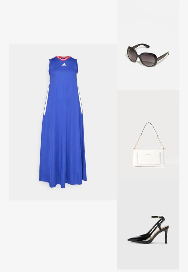 Niebieska maks Dress wykonana z lekkiego materiału, z okrągłym dekoltem, bez rękawów i czerwonymi akcentami przy kołnierzyku. Białe pasy po bokach.; Czarne lakierowane buty na wysokim obcasie typu slingback z wysmuklonym noskiem, regulowanym paskiem na kostce i otwartymi bokami. Gładka faktura.; Czarne okulary przeciwsłoneczne z przerośniętymi, okrągłymi oprawkami. Soczewki w gradiencie od ciemnego do jasnego. Posiadają gładkie, błyszczące wykończenie i subtelne akcenty logo na zausznikach.; Biała skórzana torebka o teksturowanym wykończeniu, z złotą łańcuszkową rączką i czarnymi akcentami. Zawiera przednią kieszeń oraz zamek błyskawiczny.