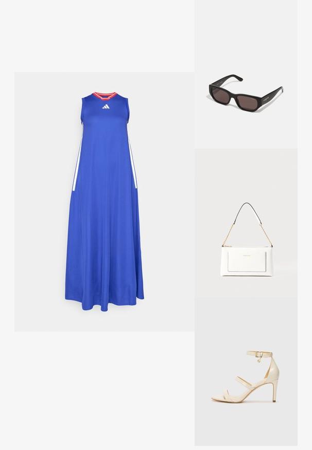 Mėlyna maksi suknelė, pagaminta iš lengvos medžiagos, su apvaliu kaklu, be rankovių ir raudonomis detalėmis ant apykaklės. Šoninės juostos baltos spalvos.; Šviesiai rudos aukštakulnės sagaus su plona kulkšnies juostele ir dviem viršutinėm juostelėm. Blizgus lakinės odos apdailos ir auksinė detalių apdaila ant kulkšnies juostelės.; Juodos stačiakampės saulės akinios su tamsiais lęšiais. Yra sklandus plastikinis rėmas ir logotipo detalė ant šventyklos. Švarus, šiuolaikiškas dizainas.; Balta odinė rankinė su tekstūruotu paviršiumi, turinti auksinį grandinėlės dirželį ir juodas detales. Įskaičiuota priekinė kišenė ir užtrauktuko uždarymas.