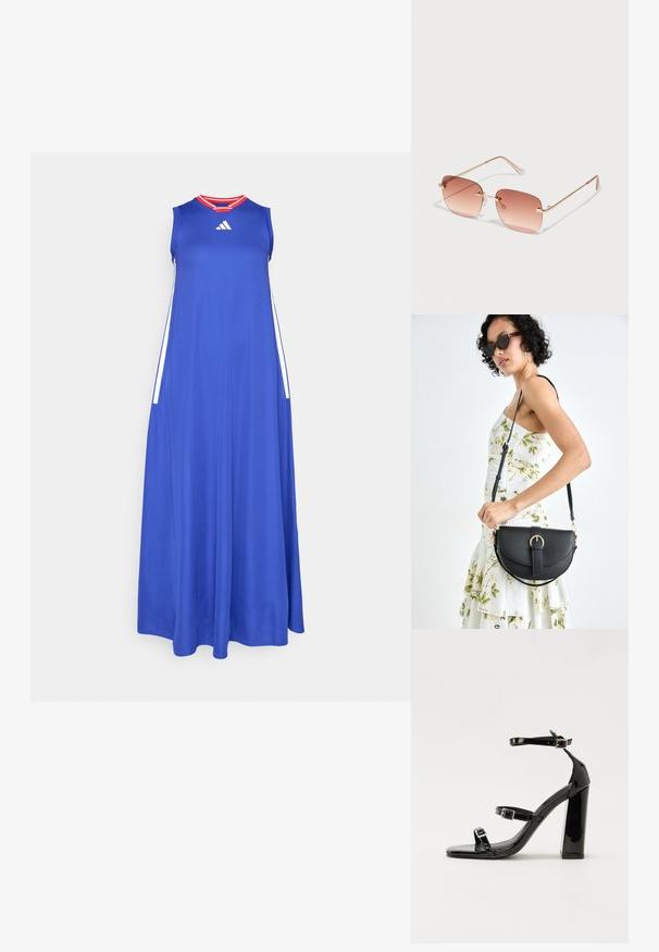 Zils maksikleitas, izgatavota no viegla auduma, ar apaļu kaklu, bez piedurknēm un sarkaniem akcentiem apkaklē. Sānos balti slīpumi.; Melnas lakotas augstpapēžu čības ar kvadrāta purngalu, potīšu siksniņām un sudraba sprādzēm. Aprīkotas ar masīvu bloku papēdi stabilitātei.; Taisnstūra formā saulesbrilles ar gradienta rozā objektīviem, zelta metāla rāmi un rozā tempļiem. Iespējotas mazās deguna spilventiņi un smalks eņģu detalizējums.; Melnas ādas rokassoma ar izliekta formu, noņemamu siksnu un zelta aksesuāriem. Somai ir vāciņš ar sprādzes detaļu.