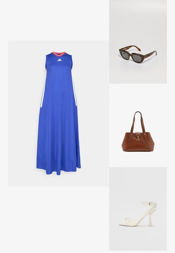 Plava maxi haljina napravljena od lagane tkanine s okruglim izrezom, bez rukava, i crvenim akcentima na ovratniku. Bočne pruge u bijeloj boji.; Bijela kožna sandala na visokom potpetici s trakama, elegantnog dizajna, s prozirnom blok potpeticom i dekorativnim elementom na prstima.; Sunglasses u stilu želatine s kutnim okvirima i sivim lećama. Imaju sjajnu završnu obradu i suptilan brend na sljepoočnicama.; Smeđi kožni ručni torbica s dvostrukim trakama, okruglog oblika, zlatnim hardverom i središnjim detaljem kopče. Glatka tekstura s ušivenim detaljima.