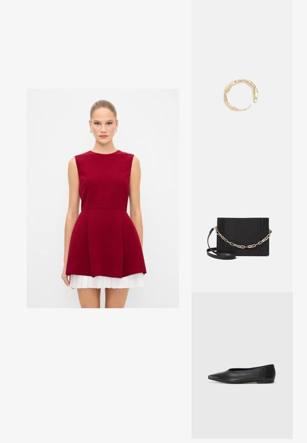 Bordeauxfarbenes ärmelloses Kleid mit einem taillierten Oberteil, ausgestelltem Rock und weißen gefältelten Akzenten am Saum. Glattes Material mit klarer Silhouette.; Schwarze Leder-Balletschuhe, spitze Zehenform, minimalistische Gestaltung, glatte Textur, niedriger Absatz, keine sichtbaren Beschläge oder Verzierungen.; Schwarze Leder-Crossbody-Tasche mit glatter Textur, rechteckiger Form und metallic-kettendetail auf der Vorderseite. Verstellbarer Gurt inklusive.; Goldfarbener Ring mit einem organischen, gedrehten Design, glatter Oberfläche und sich verjüngenden Enden, was ein modernes, skulpturales Erscheinungsbild erzeugt.