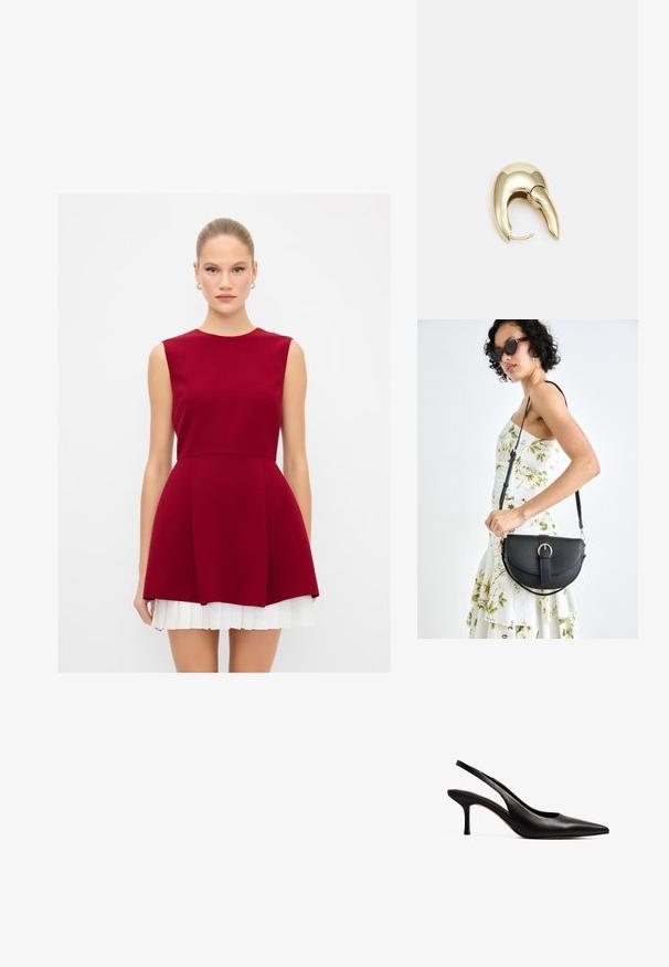 Robe sans manches bordeaux avec un corsage ajusté, une jupe évasée et des accents plissés blancs au niveau de l'ourlet. Tissu lisse avec une silhouette épurée.; NA-KD Escarpins - black; Sac à main en cuir noir avec une forme courbée, bandoulière amovible et des accessoires en or. Le sac est doté d'un rabat avec un détail de boucle.; Boucle d'oreille en métal doré avec un design élégant et courbé. Présente une forme conique distinctive, une surface polie et une fermeture à charnière.